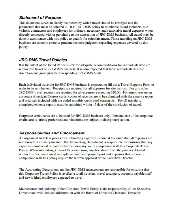 Corporate Responsibility Policy Template Travel Policy Template 7 Free Word Pdf Document