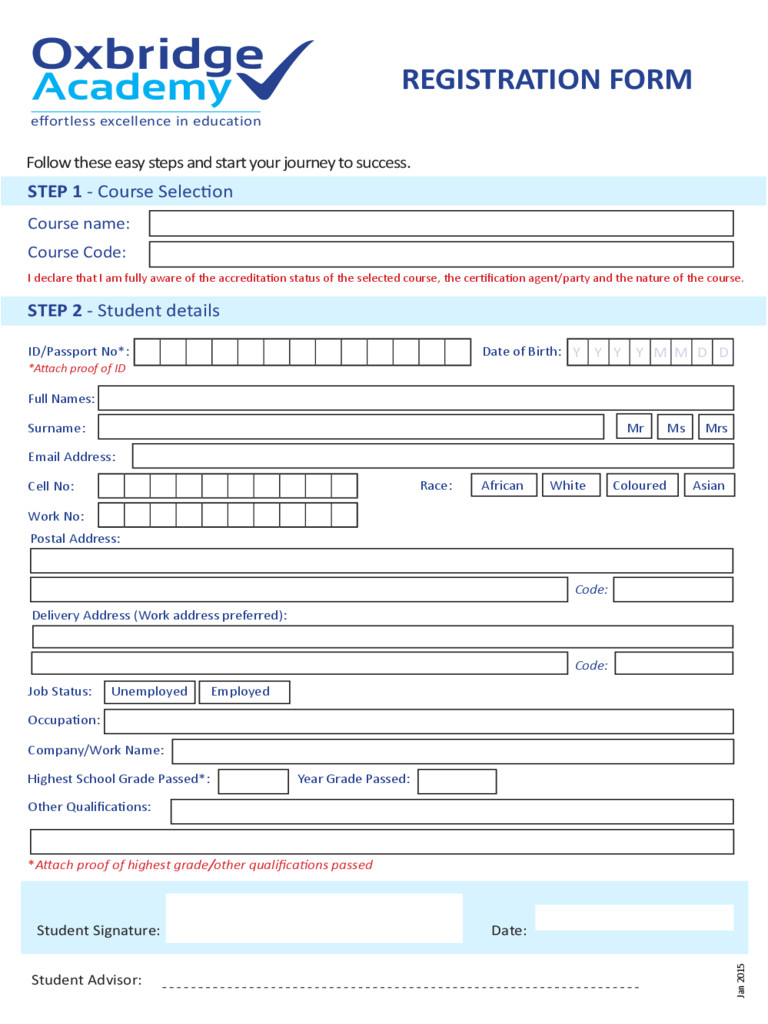 oxbridge academy registration form
