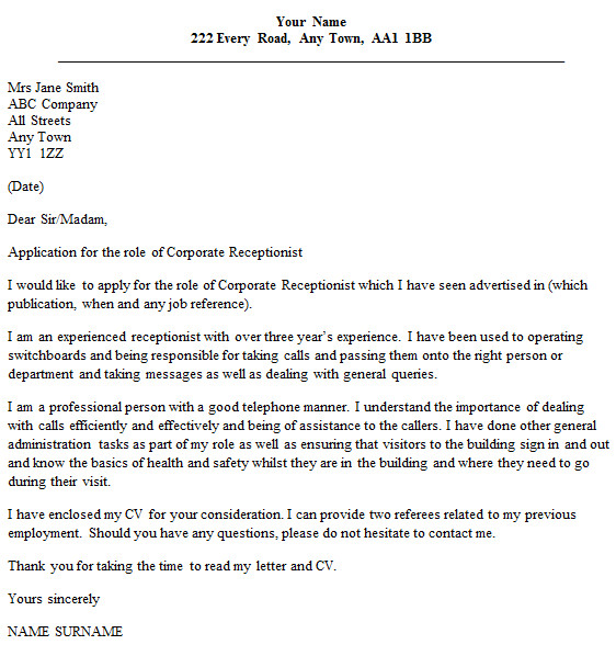 corporate receptionist cover letter example