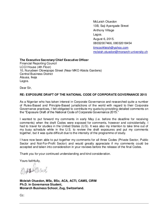 Cover Letter Drafts Cover Letter Comments On the Exposure Draft Of the