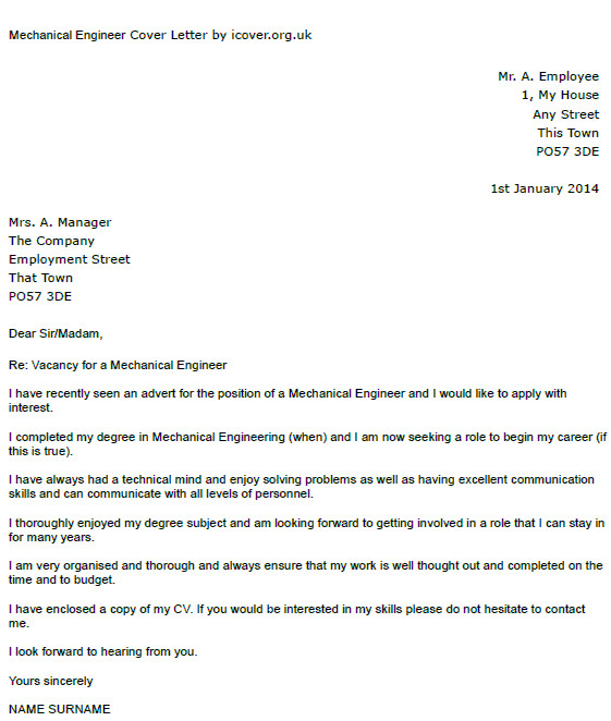 Cover Letter Examples for Mechanical Engineers Mechanical Engineer Cover Letter Example Icover org Uk