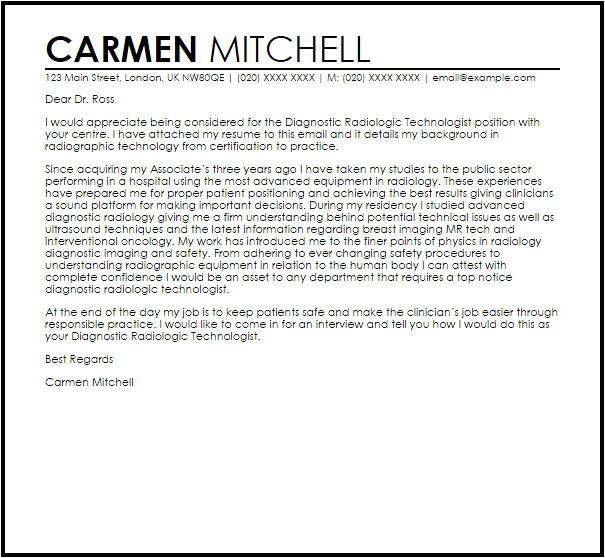 Cover Letter Examples for Radiologic Technologist Diagnostic Radiologic Technologist Cover Letter Sample