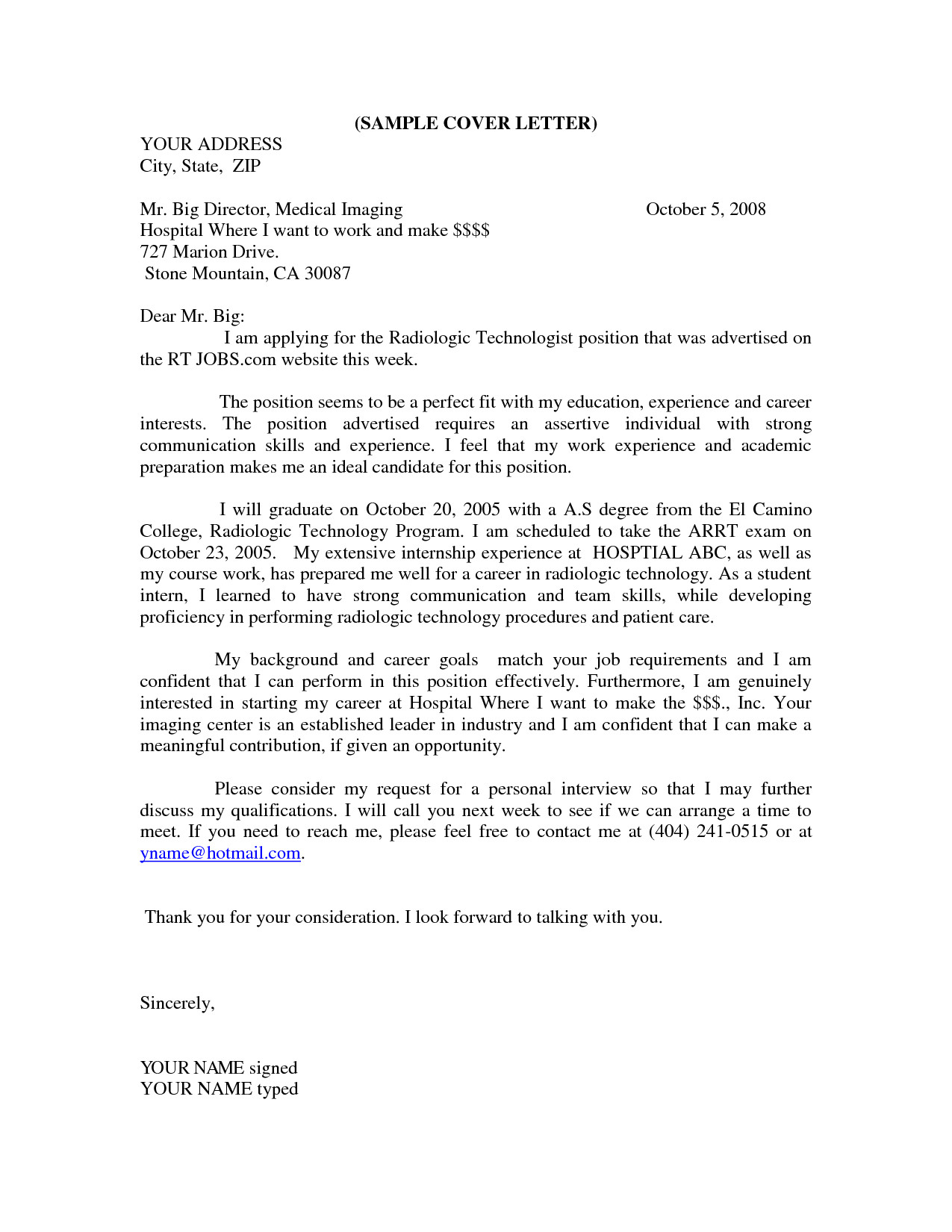 sample cover letter for resume radiologic technologist