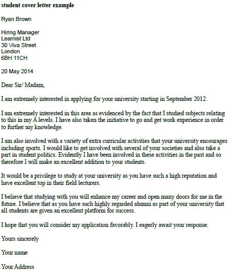 Cover Letter Examples for Students In University Student Cover Letter Example Learnist org