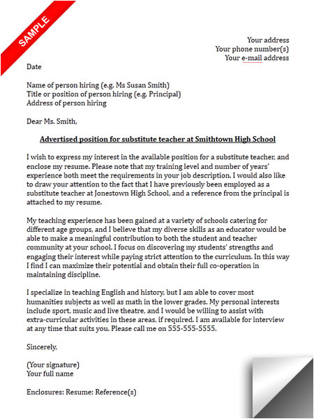 Cover Letter Examples for Substitute Teachers Substitute Teacher Cover Letter Sample Limeresumes