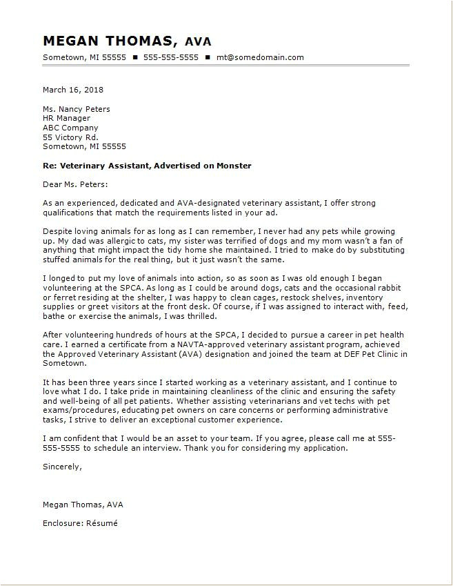 Cover Letter Examples for Veterinary assistant Veterinary assistant Cover Letter Sample Monster Com