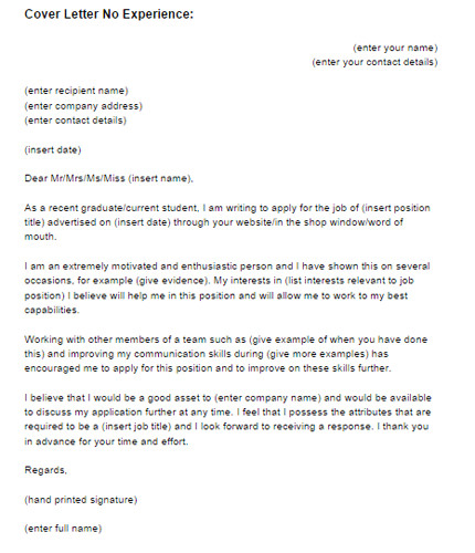 Cover Letter Examples with No Experience In Field Cover Letter No Experience Sample Just Letter Templates