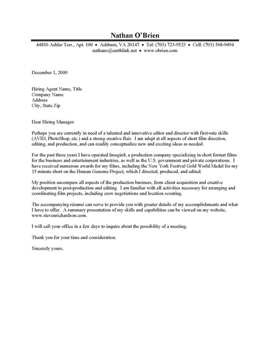 Cover Letter Film Industry Film Production Cover Letter Examples tomyumtumweb Com
