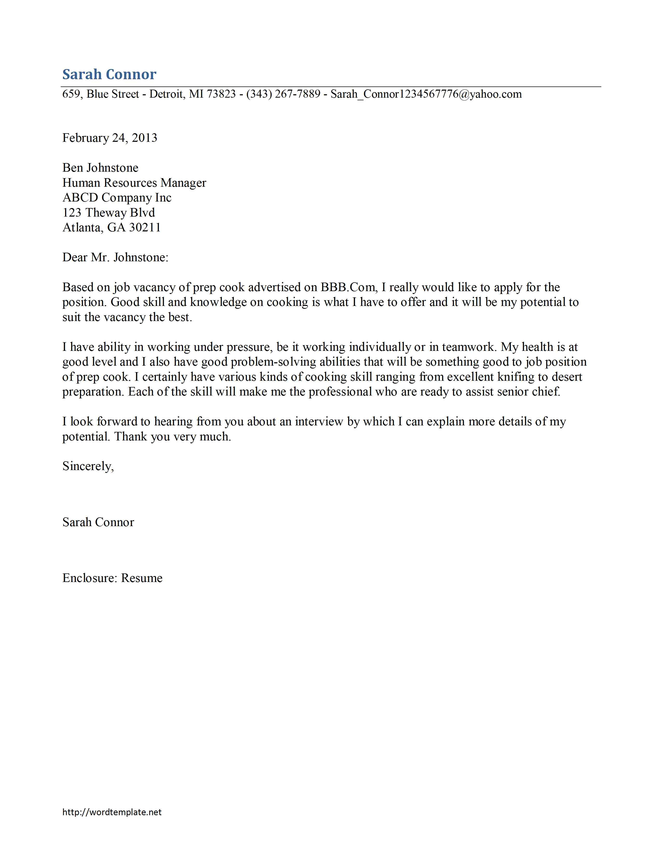 Cover Letter for A Cook Position Prep Cook Cover Letter Template