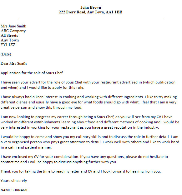 sous chef cover letter example