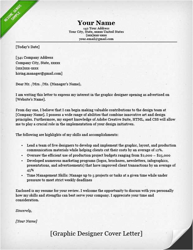 Cover Letter for A Graphic Design Job Graphic Designer Cover Letter Samples Resume Genius