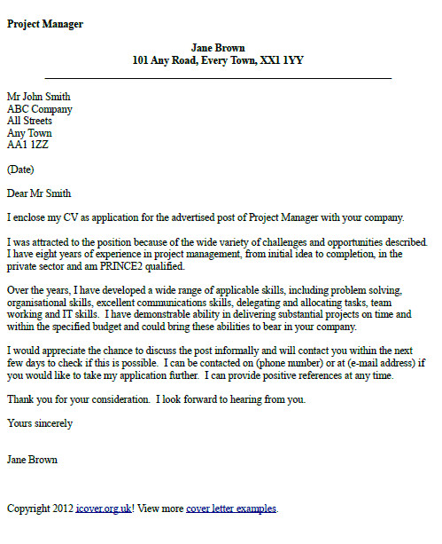 project manager cover letter example
