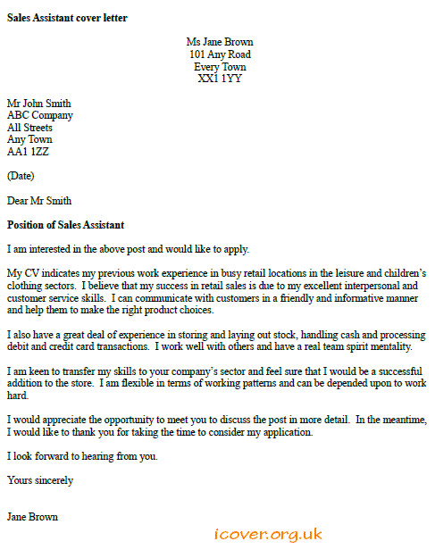 Cover Letter for A Sales assistant Job Sales assistant Cover Letter Example Icover org Uk