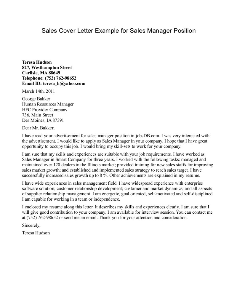 Cover Letter for A Senior Management Position Cover Letter for Sales and Marketing Manager Position