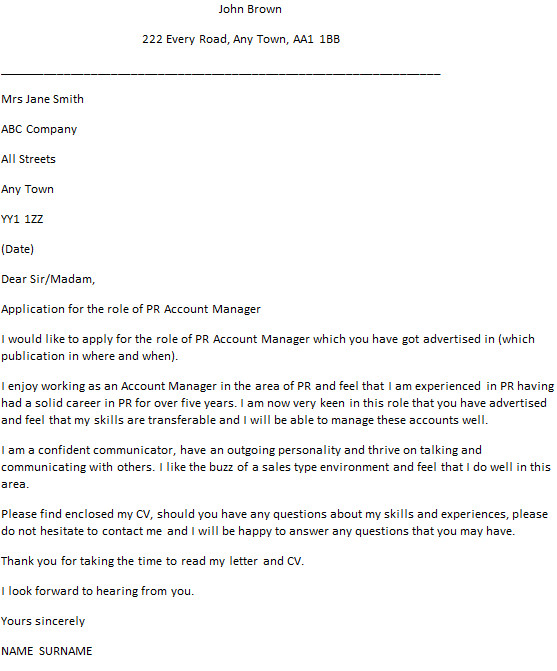 pr account manager cover letter example