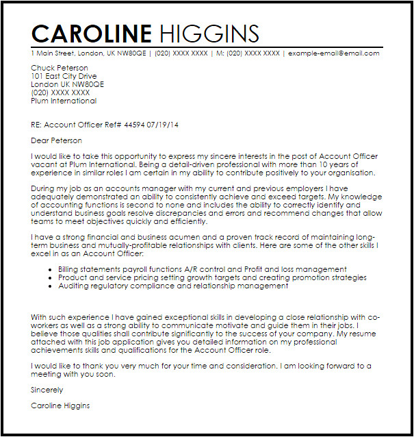 Cover Letter for Account Officer Account Officer Cover Letter Sample Cover Letter