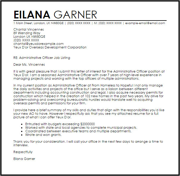 Cover Letter for Administration Officer Administrative Officer Cover Letter Sample Cover Letter