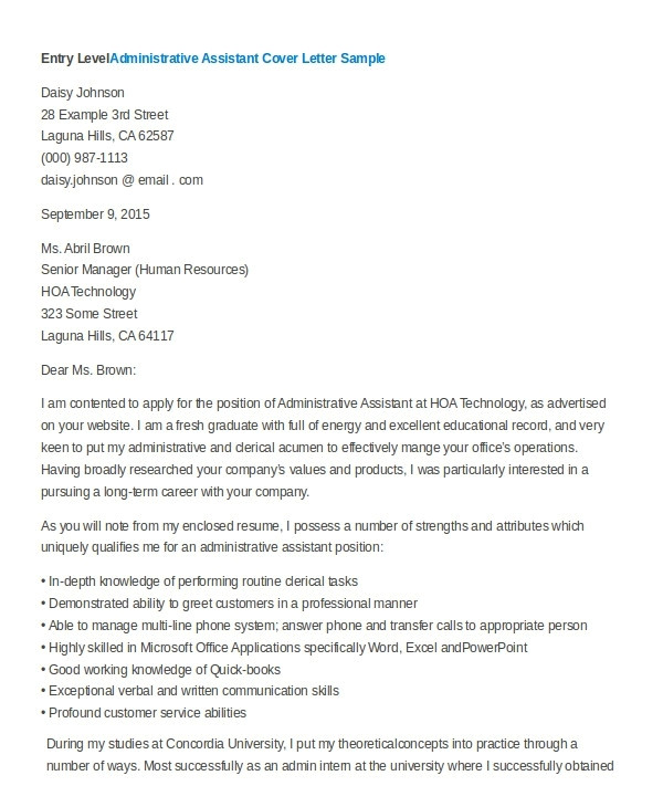 administrative assistant cover letter examples entry level