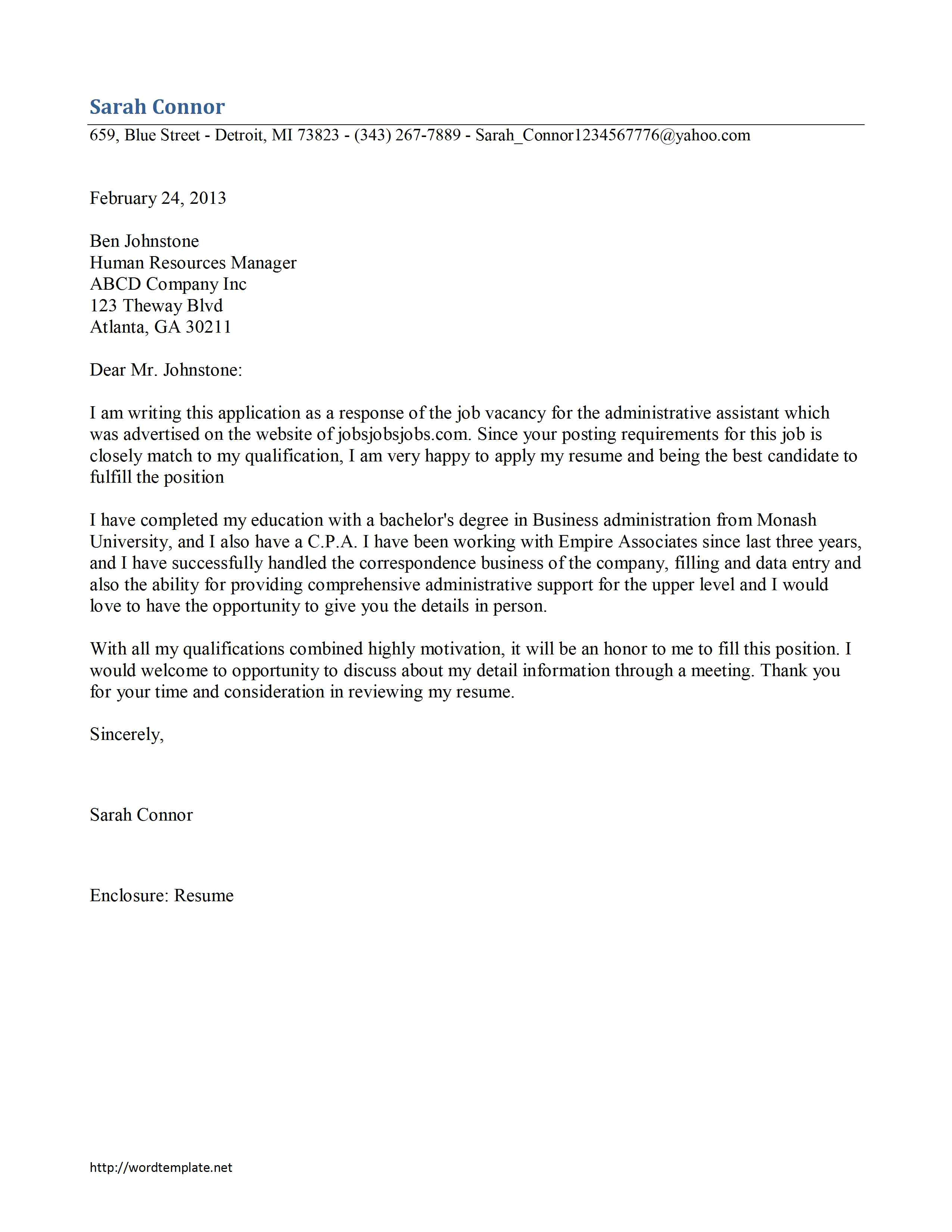 administrative assistant cover letter template