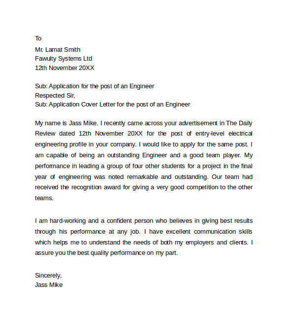 Cover Letter for An Engineering Job 9 Application Cover Letter Templates Sample Templates