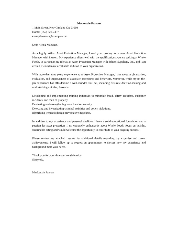 asset protection manager cover letter samples templates