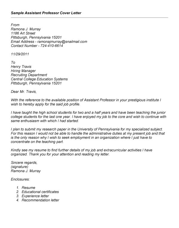 Cover Letter for assistant Professor Job Application Email format to Professor Slim Image