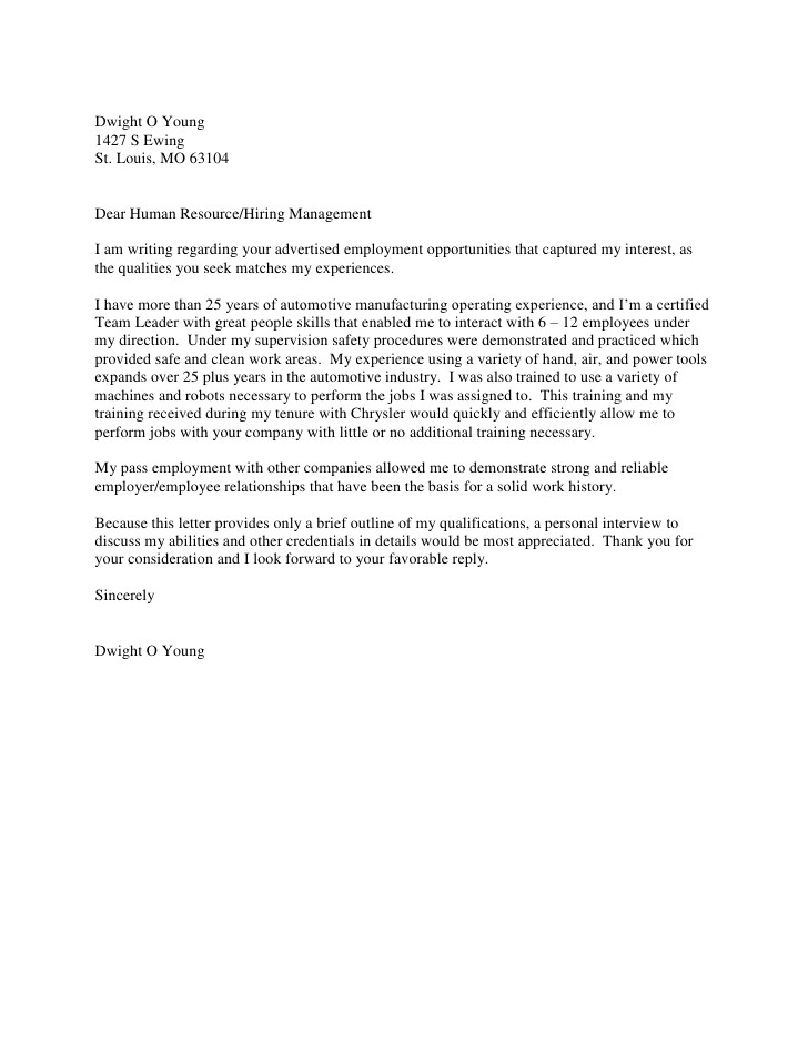 Cover Letter for Automotive Industry Dwight O Young Cover Letter