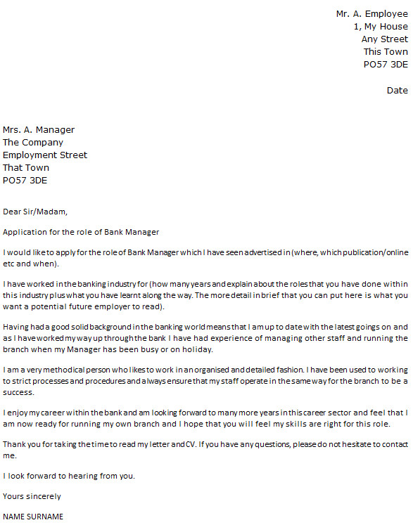 bank manager cover letter example