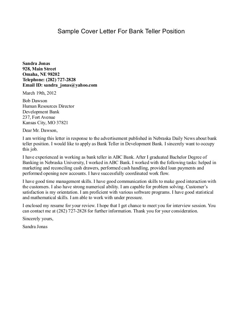 Cover Letter for Banks 1 Cover Letter for Banks Bank Teller Cover Letter Sample Sample Cover Letters