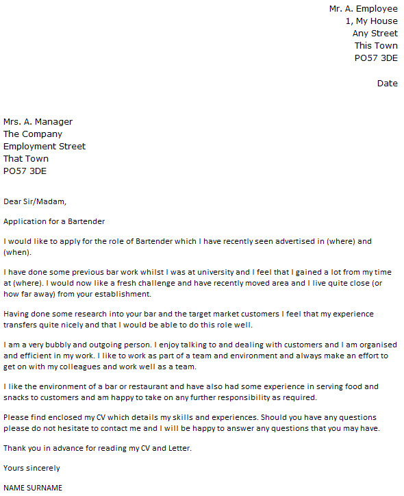 Cover Letter for Bartender Position Bartender Cover Letter Example Icover org Uk