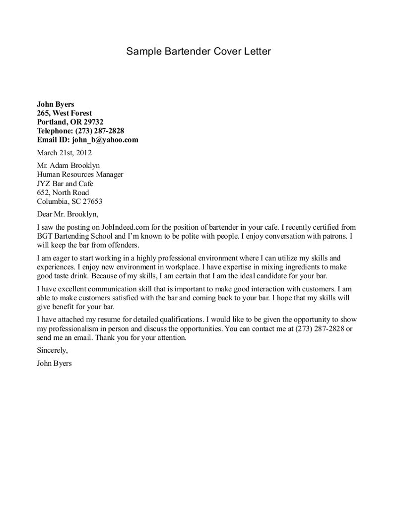 Cover Letter for Bartender with No Experience Bartender Cover Letter No Experience the Letter Sample