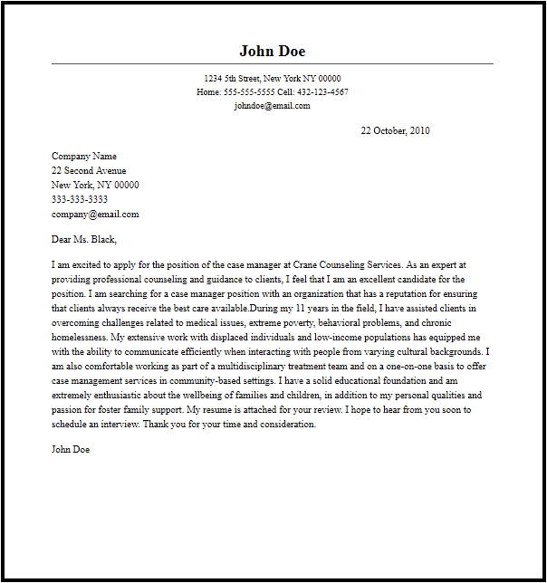 Cover Letter for Case Management Position Professional Case Manager Cover Letter Sample Writing