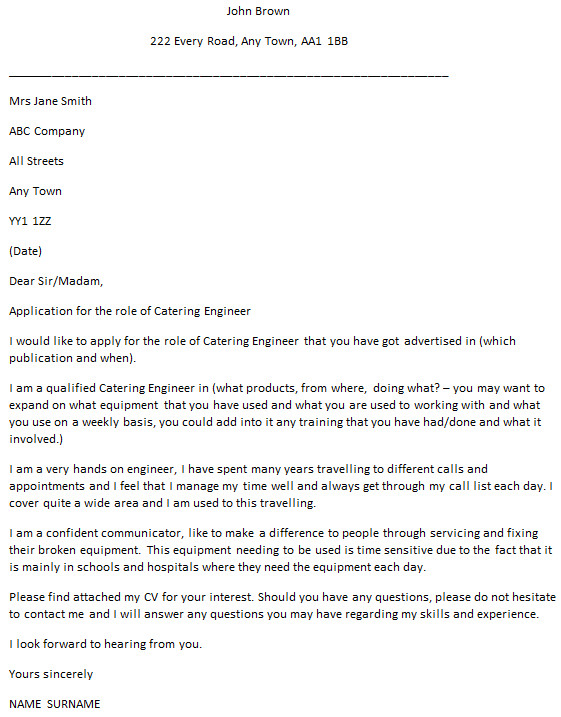 catering engineer cover letter example