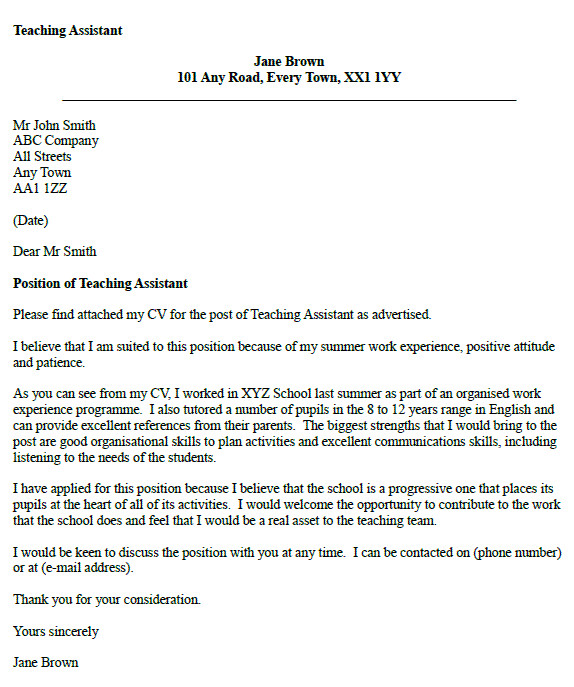 teaching assistant cover letter example
