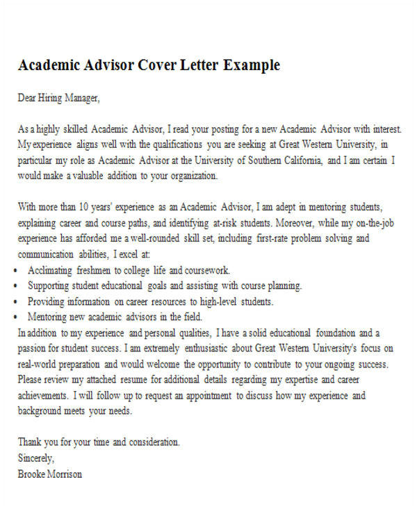 sample academic advisor cover letter
