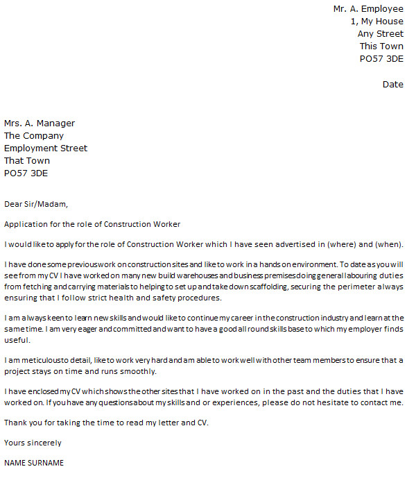 Cover Letter for Construction Labourer Construction Worker Cover Letter Example Icover org Uk