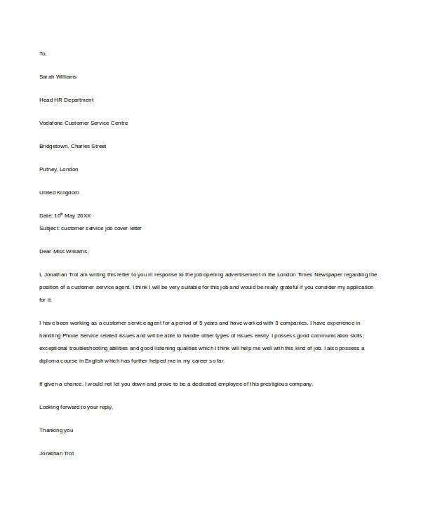 Cover Letter for Customer Service Role 8 Sample Customer Service Cover Letters Sample Templates