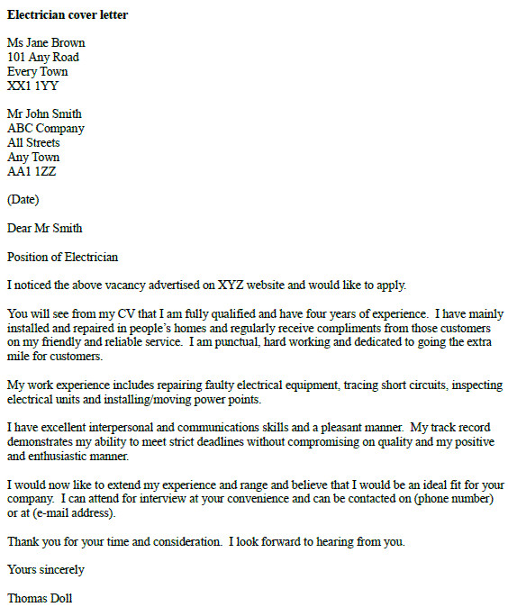 cover letter example for an electrician