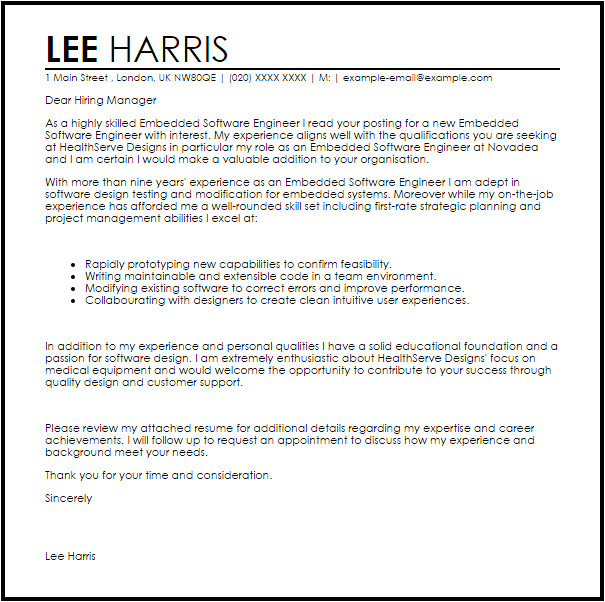 Cover Letter for Embedded software Engineer Embedded software Engineer Cover Letter Sample Cover