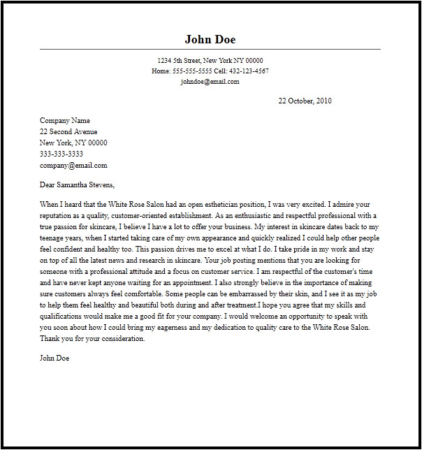 Cover Letter for Esthetician Position Professional Esthetician Cover Letter Sample Writing