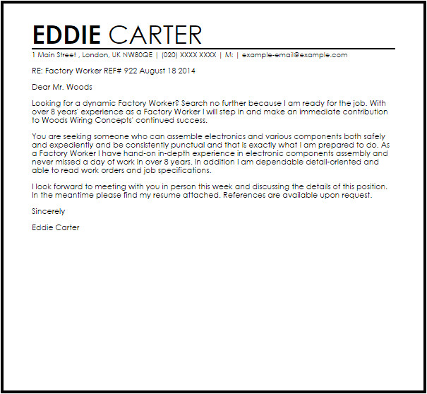 Cover Letter for Factory Work Factory Worker Cover Letter Sample Cover Letter