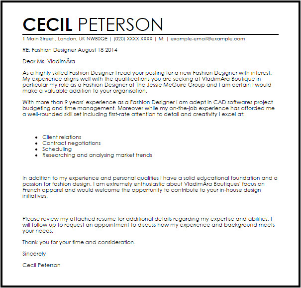 Cover Letter for Fashion Designer Job Fashion Designer Cover Letter Sample Cover Letter
