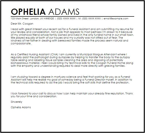 Cover Letter for Funeral assistant Cover Letter for Funeral assistant Templates