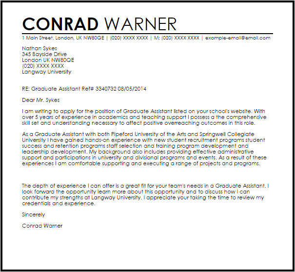 Cover Letter for Graduate assistantship Position Graduate assistant Cover Letter Sample Cover Letter