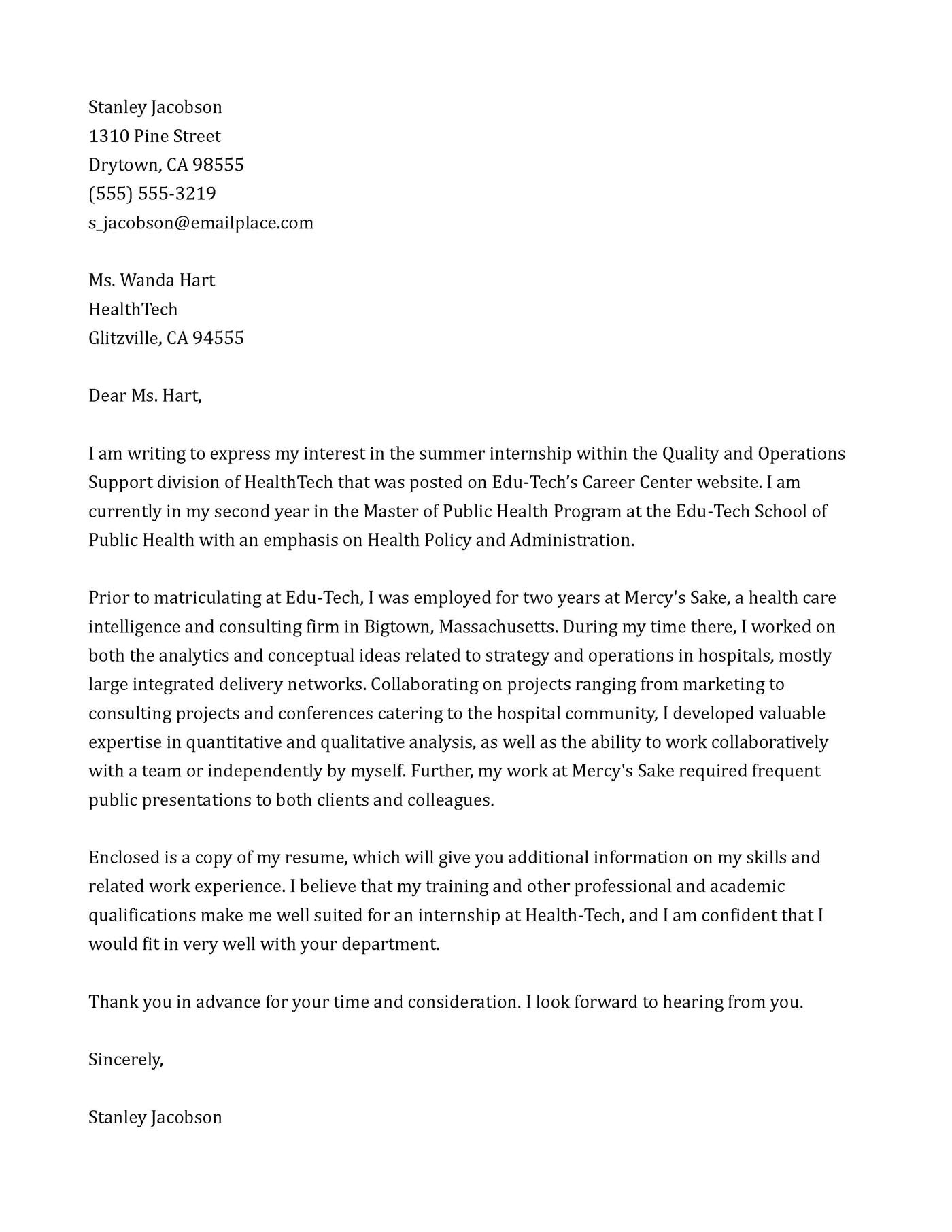 Cover Letter for Healthcare Administration Internship Write A Cover Letter Internship Covering Letter Example