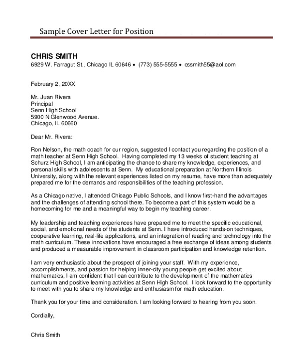 Cover Letter for High School Teaching Position 8 Sample Teaching Cover Letter Sample Templates