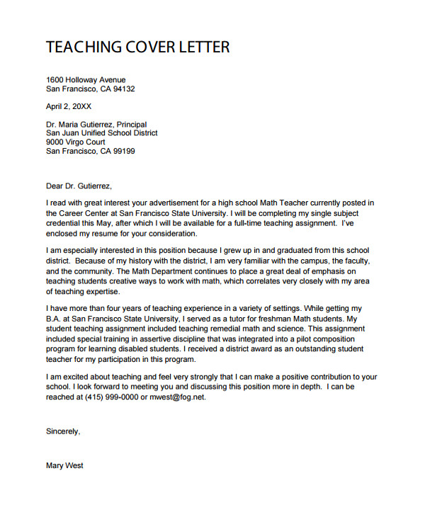 teacher cover letter