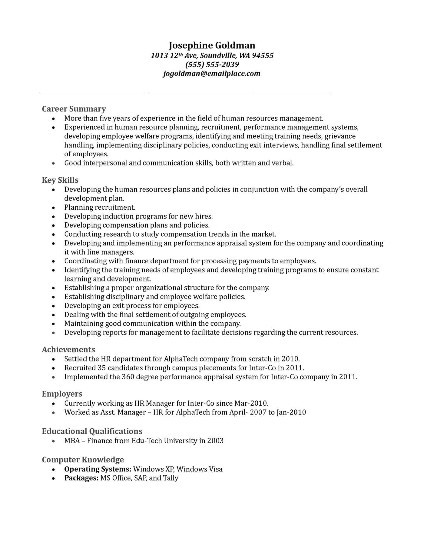 professional resume human resources manager