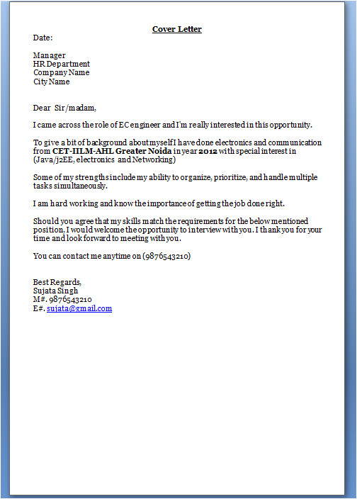 Cover Letter for Hr Fresher Job Cover Letter for Freshers