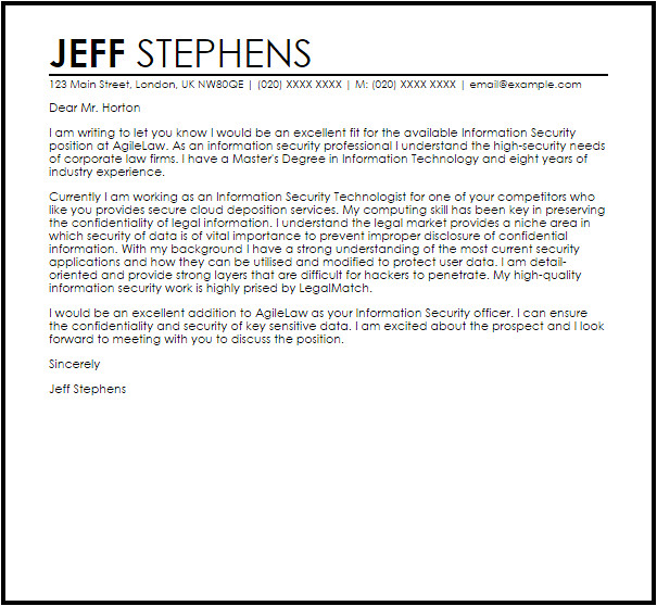 Cover Letter for Information Security Job Information Security Cover Letter Sample Cover Letter